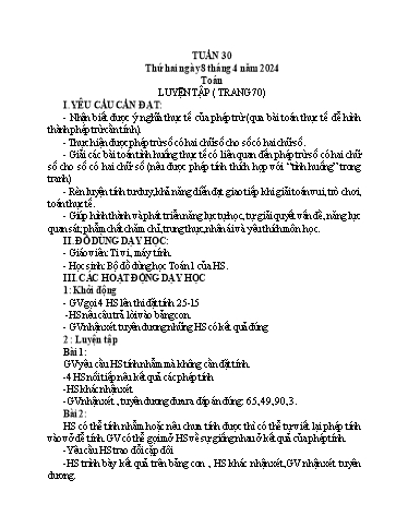 Kế hoạch bài dạy Lớp 1 - Tuần 30 - Năm học 2023-2024