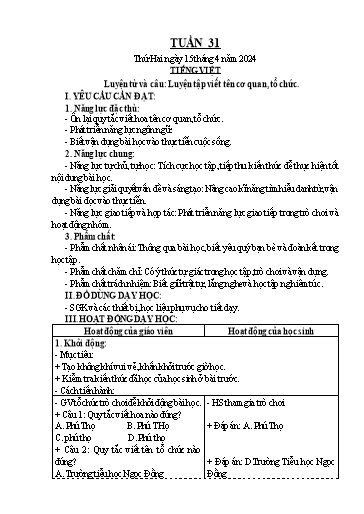 Kế hoạch bài dạy Lớp 4 - Tuần 31 - Năm học 2023-2024
