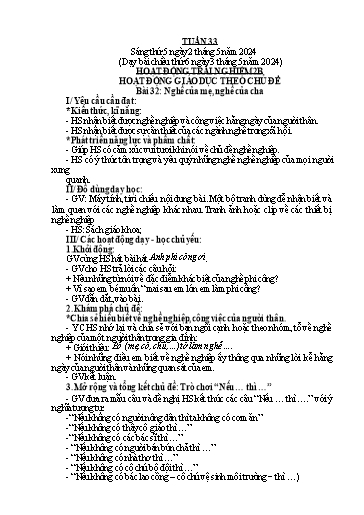 Kế hoạch bài dạy Mĩ thuật + Hoạt động trải nghiệm Tiểu học - Tuần 33 - Năm học 2023-2024