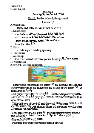 Kế hoạch bài dạy Tiếng Anh Lớp 1 - Tuần 1 - Năm học 2024-2025