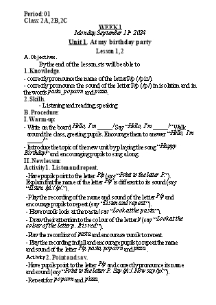 Kế hoạch bài dạy Tiếng Anh Lớp 2 - Tuần 1 - Năm học 2024-2025