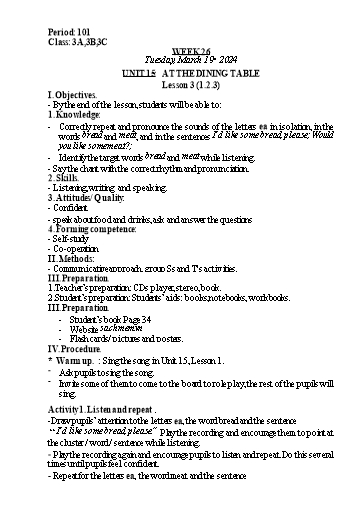 Kế hoạch bài dạy Tiếng Anh Lớp 3 - Tuần 26 - Năm học 2023-2024