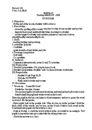 Kế hoạch bài dạy Tiếng Anh Lớp 3 - Tuần 27 - Năm học 2023-2024