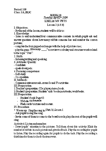 Kế hoạch bài dạy Tiếng Anh Lớp 3 - Tuần 28 - Năm học 2023-2024