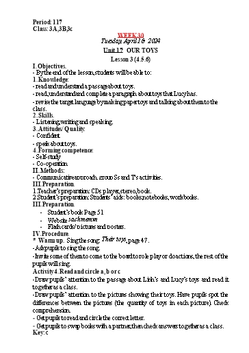 Kế hoạch bài dạy Tiếng Anh Lớp 3 - Tuần 30 - Năm học 2023-2024