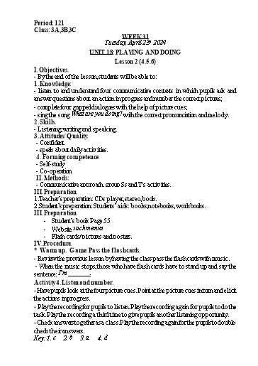 Kế hoạch bài dạy Tiếng Anh Lớp 3 - Tuần 31 - Năm học 2023-2024