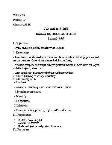 Kế hoạch bài dạy Tiếng Anh Lớp 3 - Tuần 33 - Năm học 2023-2024