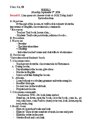 Kế hoạch bài dạy Tiếng Anh Lớp 5 - Tuần 1 - Năm học 2024-2025