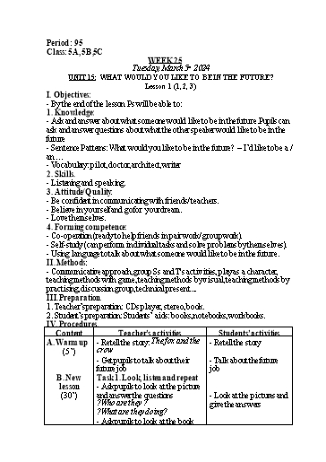 Kế hoạch bài dạy Tiếng Anh Lớp 5 - Tuần 25 - Năm học 2023-2024