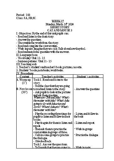 Kế hoạch bài dạy Tiếng Anh Lớp 5 - Tuần 27 - Năm học 2023-2024