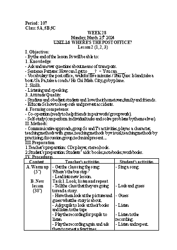 Kế hoạch bài dạy Tiếng Anh Lớp 5 - Tuần 28 - Năm học 2023-2024
