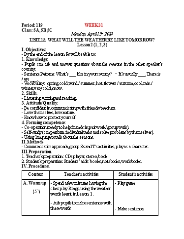 Kế hoạch bài dạy Tiếng Anh Lớp 5 - Tuần 31 - Năm học 2023-2024
