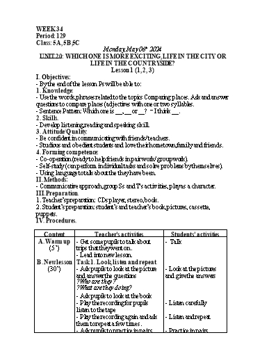 Kế hoạch bài dạy Tiếng Anh Lớp 5 - Tuần 34 - Năm học 2023-2024