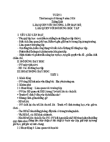 Kế hoạch bài dạy Tiếng Việt + Toán + Hoạt động trải nghiệm Lớp 1 - Tuần 1 - Năm học 2024-2025