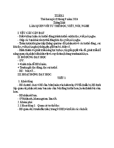 Kế hoạch bài dạy Tiếng Việt + Toán Lớp 1 - Tuần 1 - Năm học 2024-2025