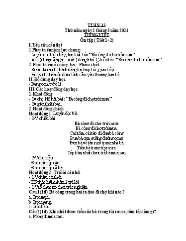 Kế hoạch bài dạy Tiếng Việt + Toán Lớp 1 - Tuần 33 - Năm học 2023-2024