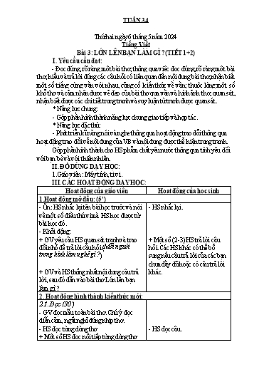 Kế hoạch bài dạy Tiếng Việt + Toán Lớp 1 - Tuần 34 - Năm học 2023-2024