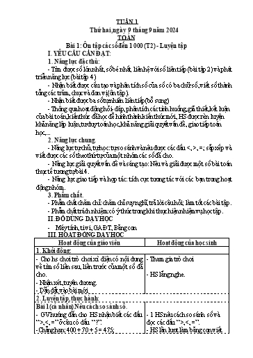 Kế hoạch bài dạy Toán + Tiếng Việt + Hoạt động trải nghiệm Lớp 5 - Tuần 1 - Năm học 2023-2024