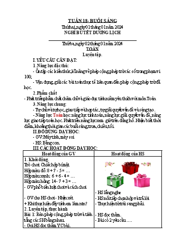 Kế hoạch bài dạy Toán + Tiếng Việt Khối 2 - Tuần 18 - Năm học 2023-2024