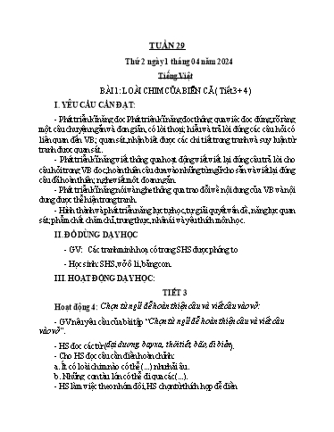 Kế hoạch bài dạy Toán + Tiếng Việt Lớp 1 - Tuần 29 - Năm học 2023-2024