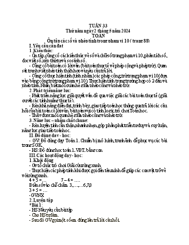 Kế hoạch bài dạy Toán + Tiếng Việt Lớp 1 - Tuần 33 - Năm học 2023-2024