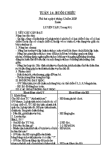 Kế hoạch bài dạy Toán + Tiếng Việt Lớp 2 - Tuần 14 - Năm học 2023-2024