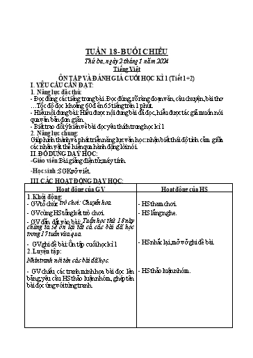 Kế hoạch bài dạy Toán + Tiếng Việt Lớp 2 - Tuần 18 - Năm học 2023-2024