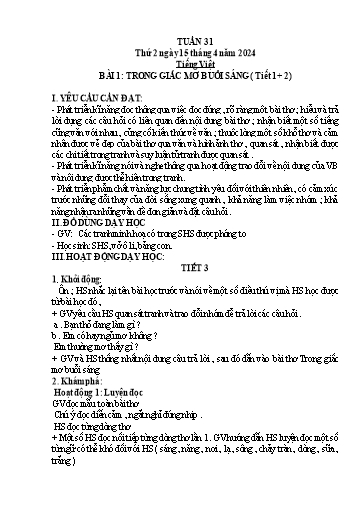 Kế hoạch bài dạy Toán + Tiếng Việt + Tự nhiên xã hội Lớp 1 - Tuần 31 - Năm học 2023-2024
