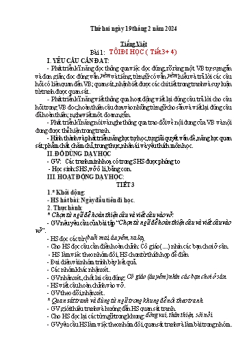 Kế hoạch bài dạy Toán + Tiếng Việt + Tự nhiên xã hội Lớp 1 - Tuần 24 - Năm học 2023-2024
