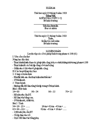 Kế hoạch bài dạy Toán + Tự nhiên xã hội Lớp 1 - Tuần 36 - Năm học 2023-2024