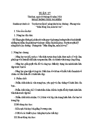 KHBD Tiếng Việt + Toán + Hoạt động trải nghiệm Lớp 3 - Tuần 27 - Năm học 2023-2024